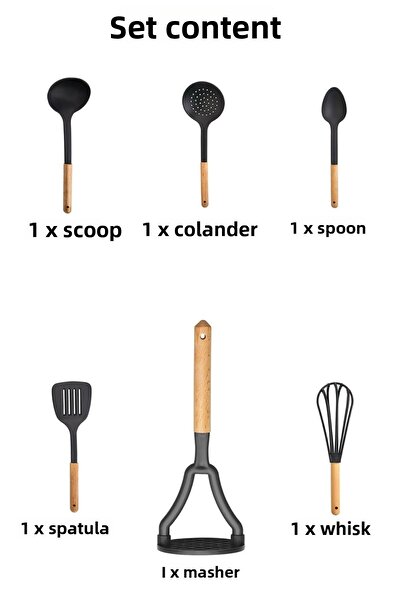 AzzaWood Wooden Handle 6-Piece Serving Set Black Color Plastic