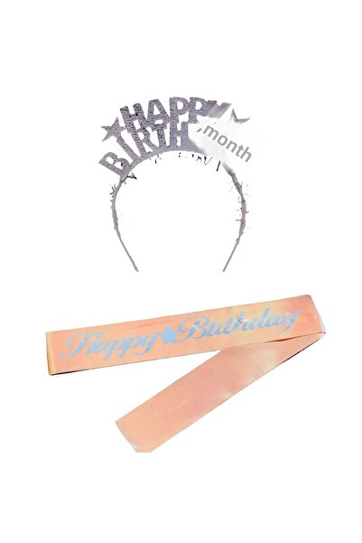 Happyland طقم تاج وحزام فضي مكتوب عليه عيد ميلاد سعيد