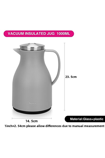 Fissman Vacuum Insulated Flask, 1000 ml, Modern Dallah, Stainless Steel Lid Grey