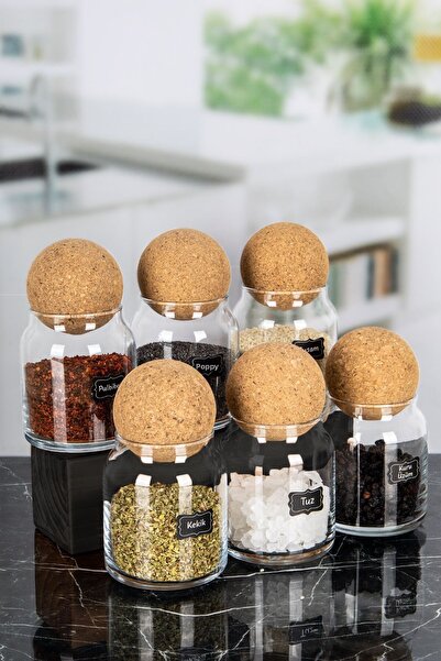Karçiçeği Home 6-Piece Ball Spice Jar Set with Lid Spice Label Glass Jar Set ...