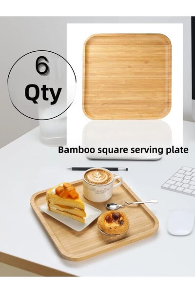 PİNK DESİGN KİTCHEN 6 Pieces Bamboo Square Serving Plates - Serving Set (20x20 cm)