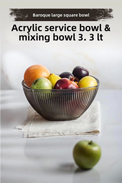 Depa 3.3 Lt Acrylic Baroque Smoked Large Square Fruit and Salad Bowl - Mixing Bowl