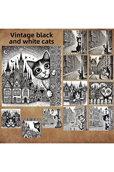 Pink Swan Craft نمط القطط خمر - أسود أبيض 12 قطعة سكرابوكينغ رصاصة مجلة ماتي ...