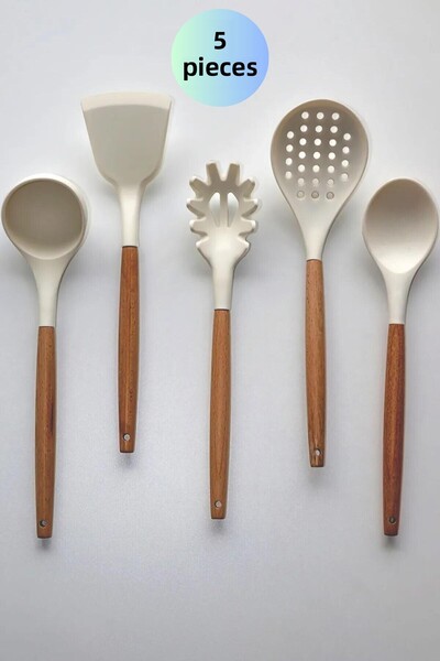 ÖzSa Home Bamboo Handle White Non-Scratch Silicone Colander Ladle Spoon Pasta...