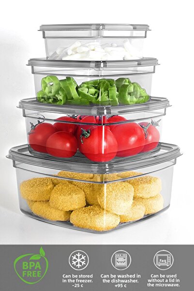 Meleni Home 8-Piece Anthracite Colored Square Storage Set - 2X Food Container (275-500-850-1350)Ml