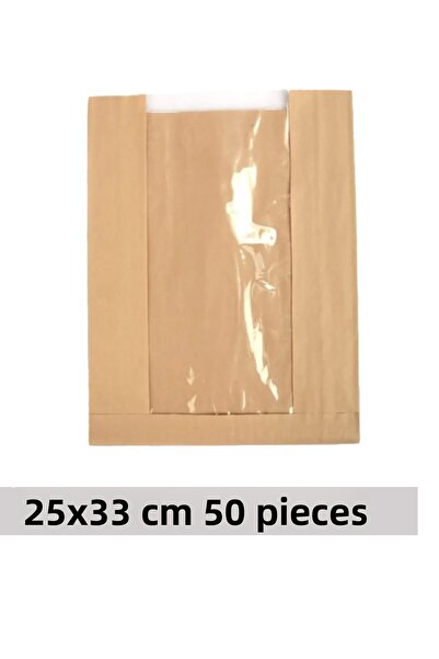 OLİ Art 25x33cm Pouch Kraft Paper with Window - 50 Pieces Side Gusset Packaging Gift Package