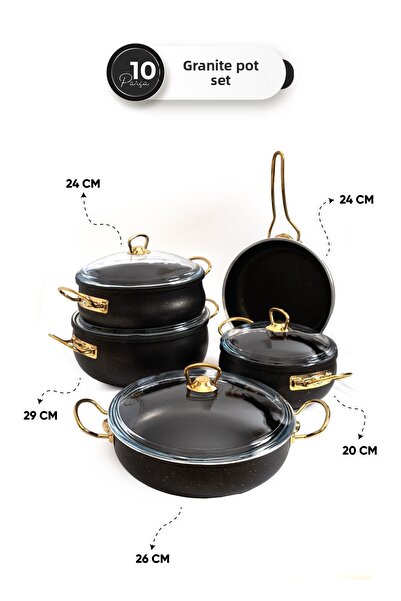 Skygo 10 Piece Black Granite Pot Set - Premium Design with Pyrex Lid and Gold Handle
