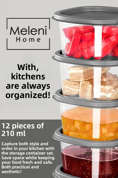 Meleni Home 210ml Anthracite 12 Pieces Square Food Storage Container - Microwave Deep Freezer