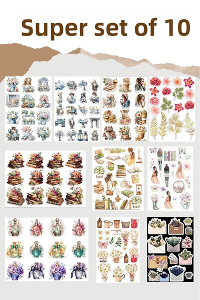 LiyaCraft Σετ αυτοκόλλητων Vintage 10 Φύλλων - Κατάλληλο για Planner Agenda B...