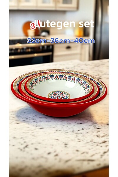 İnci Emaye 32 Cm-36 Cm-40 cm 3-Piece Enamel Basin Whisk and Mixing Bowl, Dough Basin, Fruit Bowl, Dowry, Gift,
