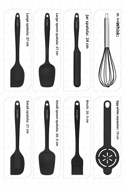 valletta Drongo 8-Piece Black Silicone Spatula Set - Heat Resistant, Fireproof and Non-Stick