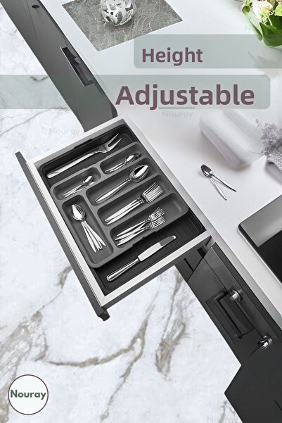 nouray Διπλής όψης Επεκτάσιμη Ρυθμιζόμενη Πρακτική θήκη μαχαιριών στο συρτάρι, Organizer κουταλιού Anthracite Grey