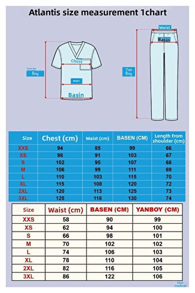 Nur Medikal Giyim Set de uniforme pentru spital, pentru medic și asistentă, din lycra moale, model Atlantis, albastru bebeluș