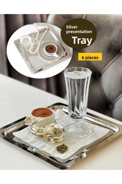 AHİR TİCARET صينية تقديم مربعة من الفولاذ المقاوم للصدأ مكونة من 6 قطع، صينية تقديم الشاي والقهوة