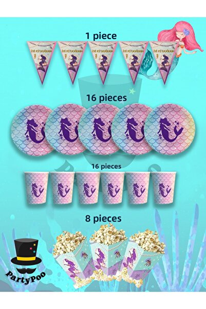 PartyPoo مجموعة عيد ميلاد تحت عنوان حورية البحر تتسع لـ 16 شخصًا