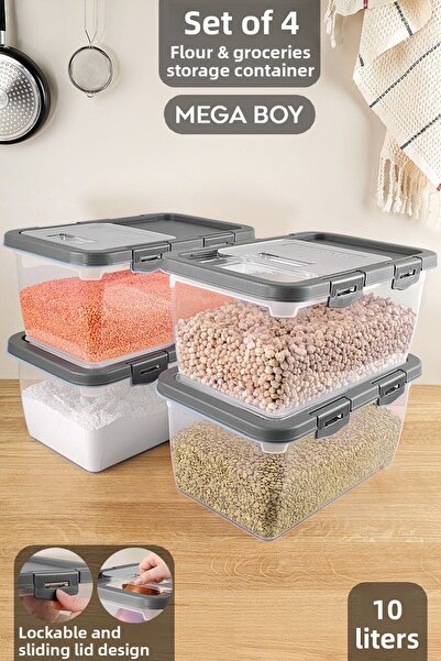 Meleni Home 4-Piece Sliding Lid Storage Container - Purpose Lockable Lid, Gray 10 Lt
