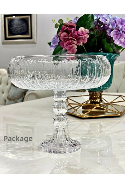 PAKETLENDİ طبق تقديم لينيا مصنوع يدويًا بأرجل زجاجية 24 × 20 سم (طويل)