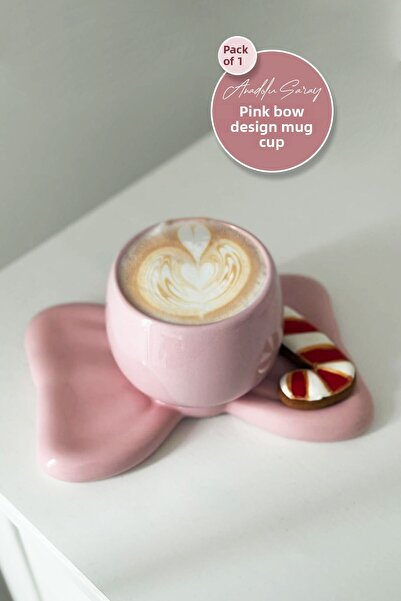 Anadolu Saray Pink Ceramic Bow Dish Mug - Handmade Coffee Cup