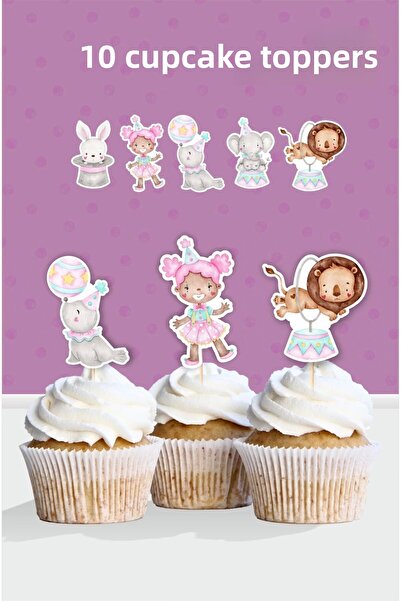 neşeli günlerim زينة كب كيك بتصميم السيرك الوردي لعيد الميلاد - 20 قطعة