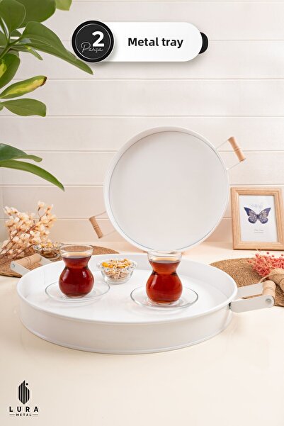 Skygo Set of 2 White Wooden Handles Metal Tea and Coffee Presentation Tray - 37 cm
