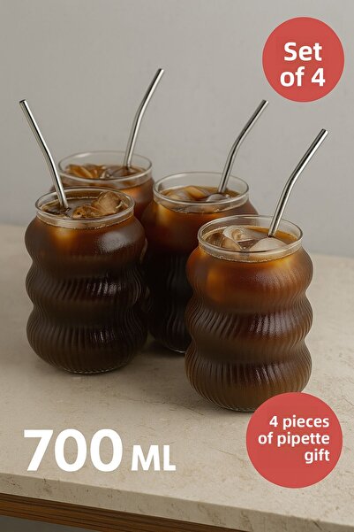 Open Home Concept Set of 4 Glass Iced Cold Coffee Glass + Glass Straw Gift 700 ml