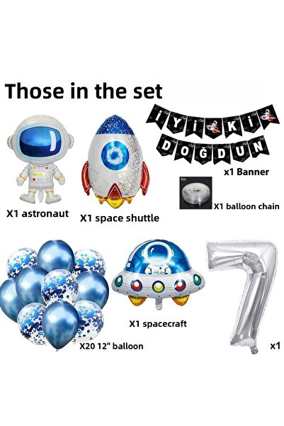 Patladı Gitti Space Concept 7 Year Old Birthday Party Celebration Set; Astronaut, UFO and Spaceship Foil Balloon Set