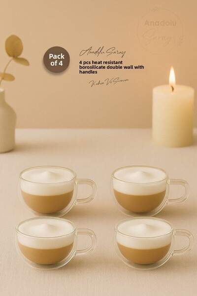 Anadolu Saray 4 Pcs Heat Resistant Borosilicate Double Walled with Handle 120ml Cup Espresso Coffee and Presentation Cup