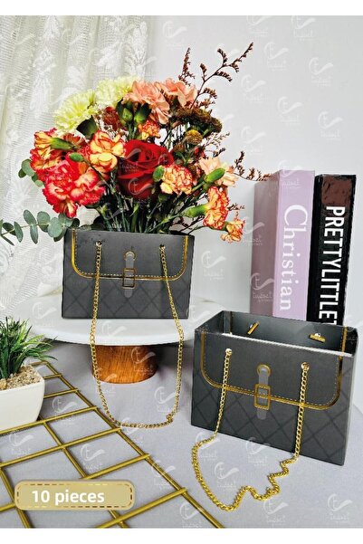 t tuğset etiket حقيبة حمل الزهور مع سلسلة - حقيبة هدايا من الورق المقوى باقة زهور الشوكولاتة الوردية باللون الأسود 10 قطع -T