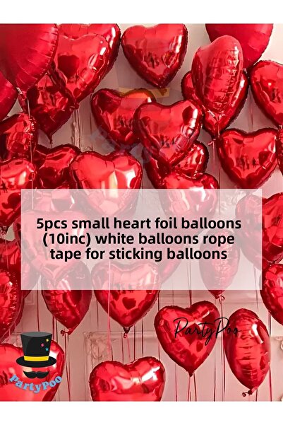PartyPoo Small Red Heart Foil Balloon Set 5 Pieces Birthday and Bride to Be Balloons