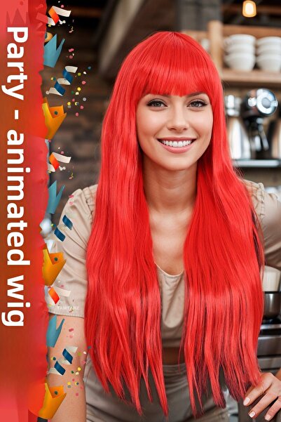 KONAK PERUK Perucă sintetică din fibre roșii lungi cu breton - Pentru petrece...