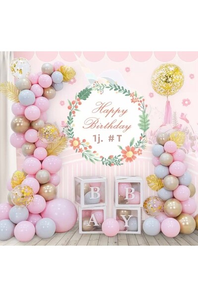 Deniz Party Store Macaron Pink Pastel Gray Chrome Gold Transparent Balloon Chain Set with Gold Confetti