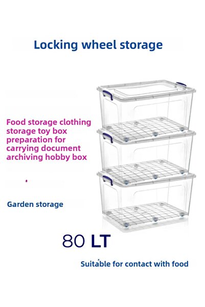 Loremp 80 Lt Transparent Storage Box with Wheels Lock Lid Suitable for Food Contact Clothes and Toy Storage