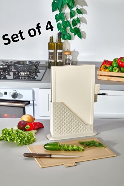 Espas Home طقم ألواح تقطيع 4 قطع مع حامل - لوح تقطيع الخبز/اللحوم/الخضار - حج...