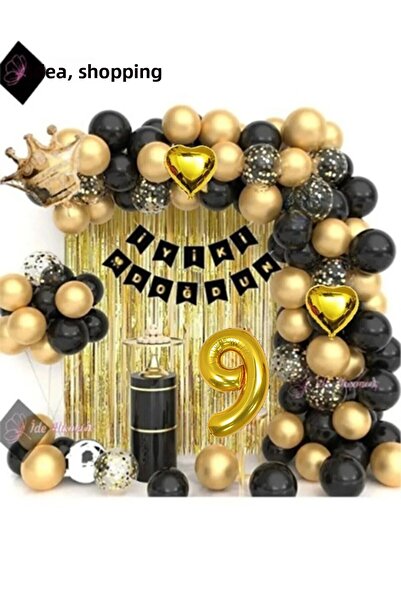 Bkmc Set de aniversare cu lanț de baloane de 9 ani, cu stele de culoare aurie...