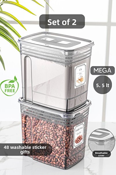 Meleni Home 2-Piece Lena 5.5 Liter Jumbo Size Flour Pulses Storage Container - Organizer with Practical Lid Food Sugar Container