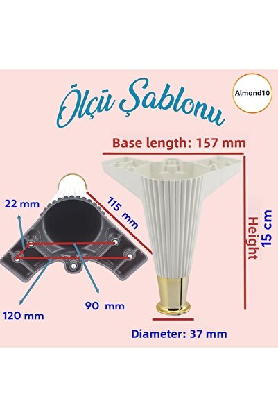 Badem10 Wetra Line Set of 6 Furniture TV Unit Sofa Bed Sofa Support Leg 15 cm White Gold M8 Bolt