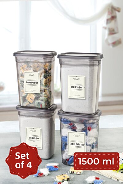 Vienev مجموعة حاوية تخزين المنظفات المستطيلة بيجي سعة 1500 مل مكونة من 4 قطع مع ملصقات أنثراسايت