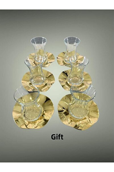 Aslı Hediyelik Luxury 6-Piece Gold Wave Model Stainless Metal Tea Plate