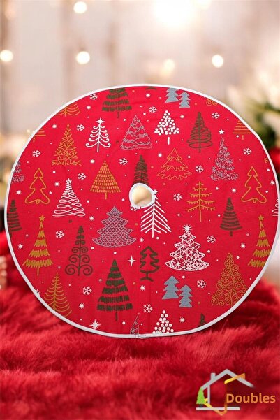 DÜŞLER EV TEKSTİLİ New Year's Red Pine Tree - Foot Carpet, Cover and Skirt Velcro, Washable