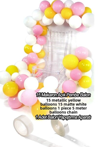 Parti dolabı 45 Balloon Chain: (15 Metallic Yellow, 15 Macarons Pink, 15 Matte White Balloons, Chain, Adhesive)