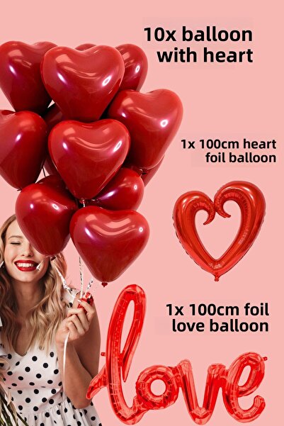 Baloncu Dede 10 Red Heart Balloon Love and Big Heart Foil Balloon Helium Compatible Valentine's Day Anniversary