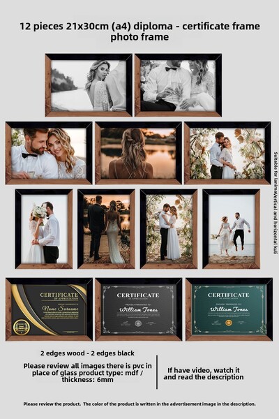 yhfoto Cadru A4 MDF 21x30 - 12 Rame Foto Negru și Culoare Lemn - Cadru Diploma