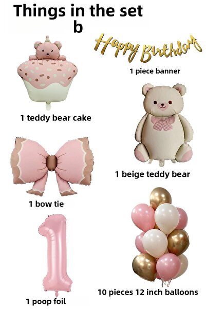Patladı Gitti Retro 1 Year Old Teddy Bear Themed Baby Girl Concept Birthday Set