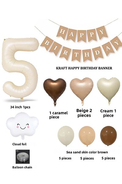 Patladı Gitti 5 Year Old Retro Birthday Set; Cream Number Foil, Banner, Heart Foil and Latex Balloon