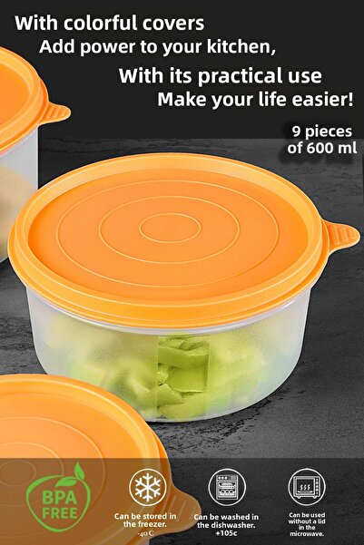 Meleni Home Round Food Storage Set of 9 - Food Organizer Orange 9X600Ml Container