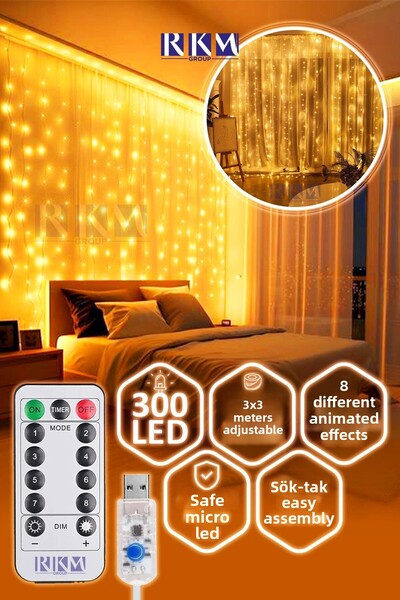 rkm store Perdea decorativă cu LED-uri 3x3, lumină de zi, LED-uri tip zână, 3...