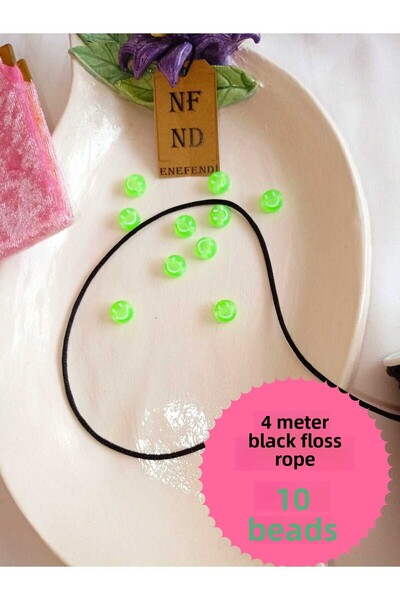 ENEFENDİ 4 метра черна копринена нишка и 10 зелени мъниста за гривна с усмихн...
