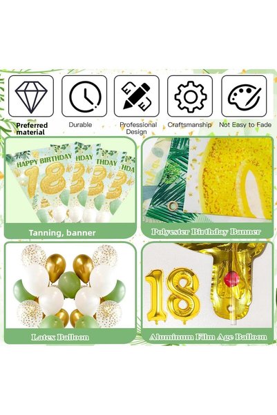 VipDeluXe 18th birthday decoration, 18th age green gold balloons decoration set