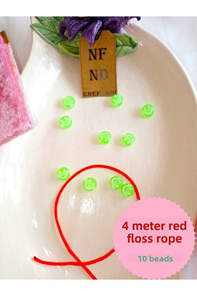ENEFENDİ 4 метра червена копринена нишка и 10 зелени мъниста за гривна с усми...