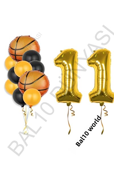 BAL10 DÜNYASI Gold Color Number Basketball Ball Foil and Latex Balloon Set Age 11